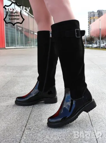 Равни ботуши - черен ЕСТЕСТВЕН велур и ЕСТЕСТВЕН лак