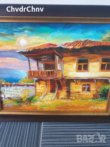 Димитър Генев 33x27см/малка българска картина масло върху платно/стара къща край морето, снимка 2 - Картини - 51153015