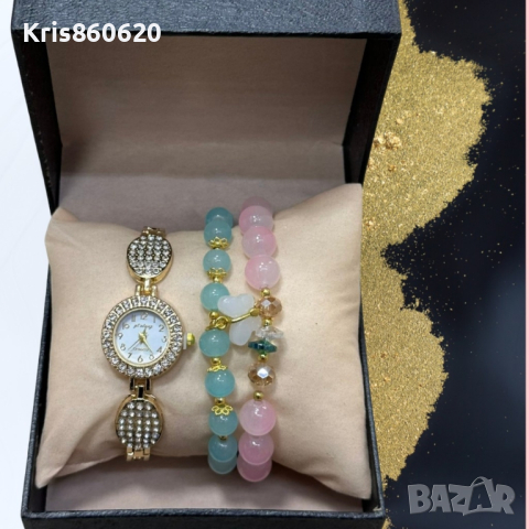 Елегантен дамски комплект аксесоари - часовник с камъни цирконии и 2 броя гривни с естествени камъни, снимка 3 - Дамски - 44535989