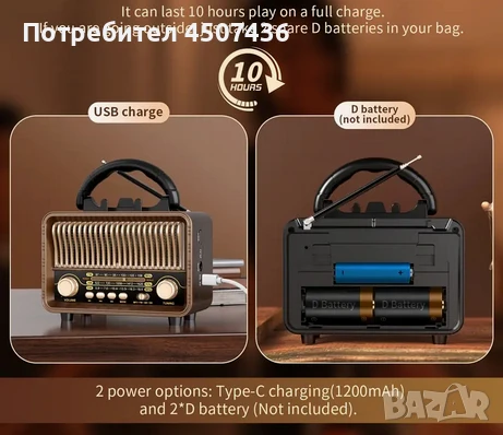 Винтидж Преносимо Безжично Радио - AM/FM/SW с USB Зареждаща се Батерия, Антена, AUX & TF Карта, снимка 5 - Други - 51171204