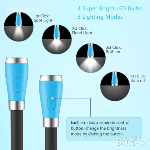 USB акумулаторна нощна лампа за четене / 4 LED крушки / 4 регулируеми яркости / Свободни ръце, снимка 6 - Други - 49461053