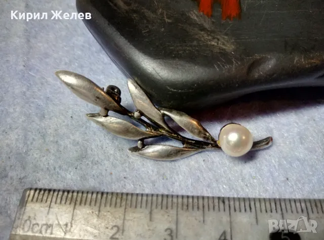 Старинна ФЛОРАЛНА ПЕРЛЕНА СРЕБЪРНА БРОШКА ЛАКИРАНО СРЕБРО ВИСОКА ПРОБА с ЕСТЕСТВЕНА БЯЛА ПЕРЛА 48255, снимка 6 - Антикварни и старинни предмети - 48901232