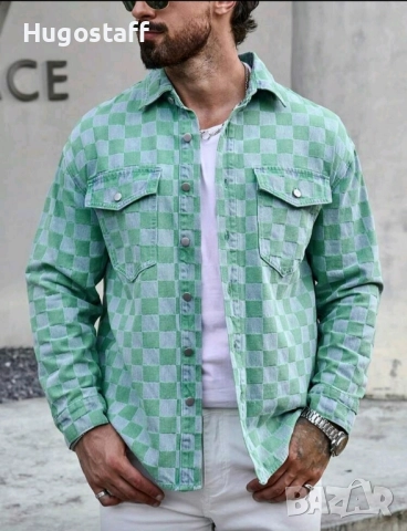 Ново мъжко дънково яке зелено шах деним памук ХХЛ, снимка 6 - Якета - 52159109