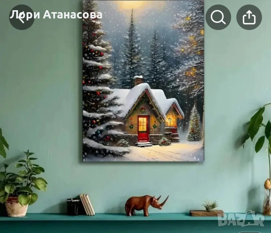 Платно с топла зимна къща в снежна гора, украсена с празнични светлини и червена врата., снимка 5 - Картини - 53090156