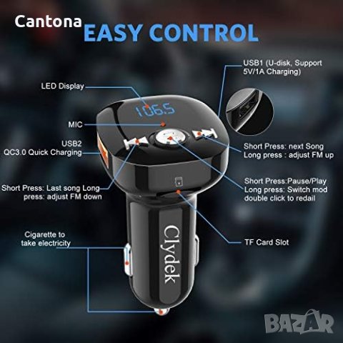 Clydek Bluetooth V5.0 FM трансмитер, Волтметър, Hand-Free 2x USB, QC3.0, USB и TF карта, снимка 3 - Аксесоари и консумативи - 42351208