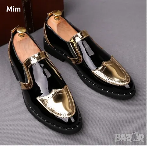42 Мъжки черни лачени обувки със златисти елементи , снимка 2 - Официални обувки - 48463906