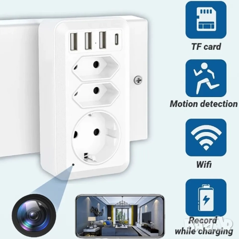 Скрита камера Wifi контакт разклонител с USB и Type C, видеонаблюдение, снимка 2 - Други - 52034720