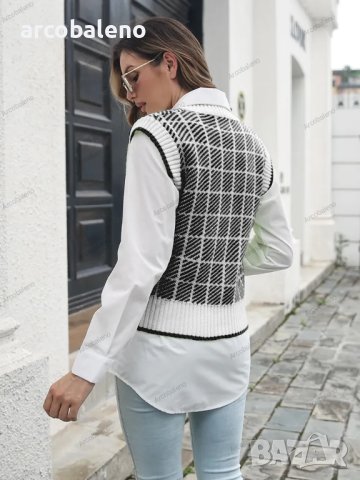 Дамски моден кариран пуловер с V-образно деколте, 4цвята, снимка 13 - Блузи с дълъг ръкав и пуловери - 42146039