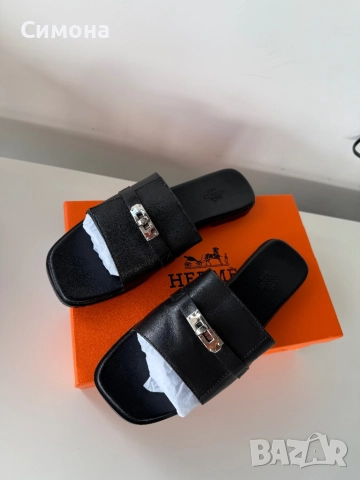 Hermes естествена кожа черни чехли, снимка 4 - Чехли - 51541625