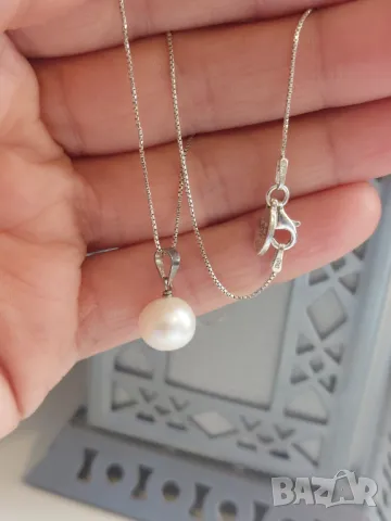 Сребърно колие с естествена перла, снимка 2 - Колиета, медальони, синджири - 50393364
