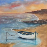  Море и лодка маслена картина, снимка 1 - Картини - 34188648