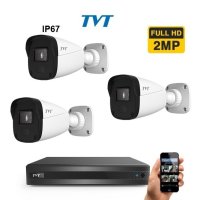 TVT комплект Full-HD за видеонаблюдение с 3 броя Камери - Висококачествено изображение, дори и в нощ, снимка 1 - Комплекти за видеонаблюдение - 41410436
