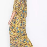 Дълга жълта рокля на сини цветя в бохо стил , снимка 2 - Рокли - 40810555