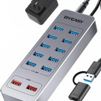 Захранващ USB хъб BYEASY 13-портов за данни 10 USB 3.0 бързо зареждане, снимка 1 - Мрежови адаптери - 41766387