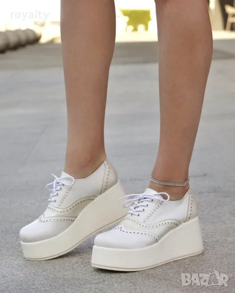 Обувки на платформа - бяла кожа, снимка 1