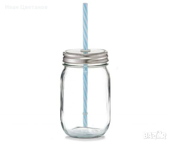 Прозрачна стъклена чаша с капак и сламка, 450мл, снимка 1