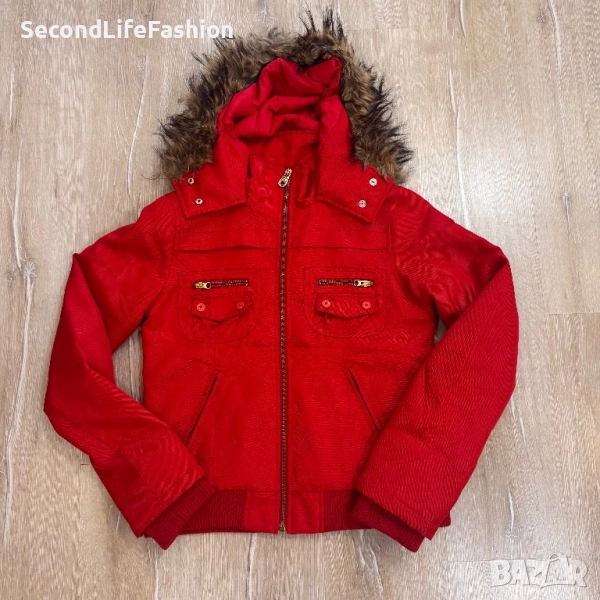 Дамско винтидж яке Miss Sixty Red Bomber, размер M, с качулка от кожа, снимка 1