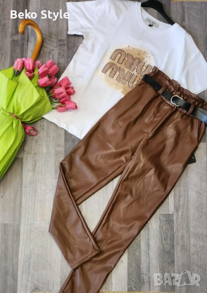 Кожен панталон в зелено кафяво и черно, снимка 1