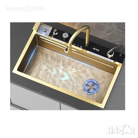Мивка за кухня Spark 12, пиано бутони, двоен водопад, злато, снимка 2 - Мивки - 49445643