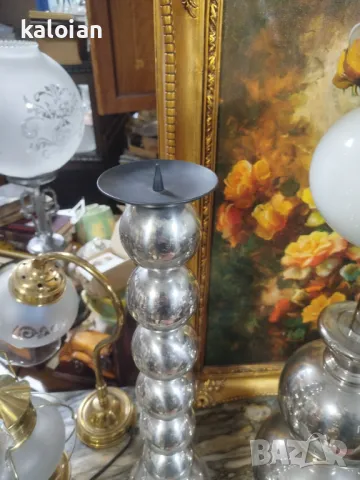 Месингов посребрен комплект лампа със свещници стил Арт Деко. Испанска ръчна изработка. Запазен е ет, снимка 4 - Настолни лампи - 48080875