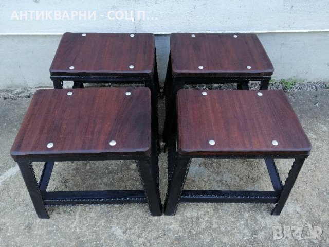 Комплект Стари Метални Табуретки, Столчета, Стара Метална Табуретка, Столче, Черешово Дърво. , снимка 2 - Антикварни и старинни предмети - 42158078