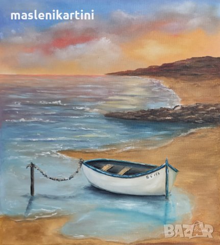  Море и лодка маслена картина, снимка 1 - Картини - 34188648
