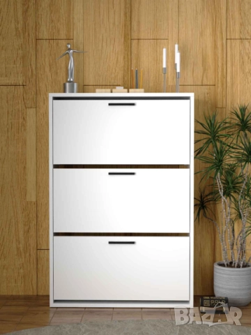 Шкаф за обувки с 3 падащи врати – бял и дървесен цвят/Шкафче за обувки, снимка 2 - Шкафове - 52306827