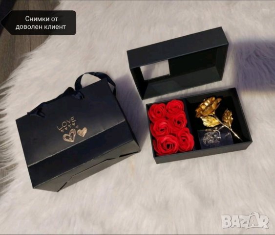 Подаръчен комплект колие с послание , златна роза и 6 вечни рози, снимка 6 - Бижутерийни комплекти - 42020439