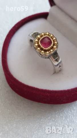 Дизайнерски дамски марков пръстен с аметист и златен 18карата обков,сребърен ринг 925., снимка 1