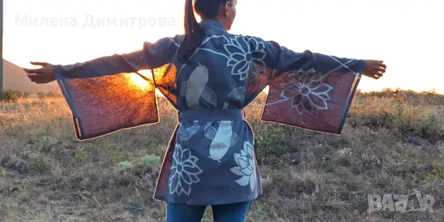 Ръчно рисувано ленено кимоно , снимка 11 - Сака - 48851636