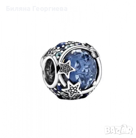 Сребърен талисман за гривна Пандора звезди, син циркон Модел 094, снимка 1 - Гривни - 36235631