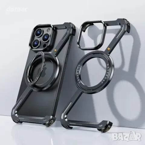 Минималистичен метален калъф OATSBASF за iPhone 15 Pro Max 6.7 инча със стойка, снимка 5 - Калъфи, кейсове - 55780675