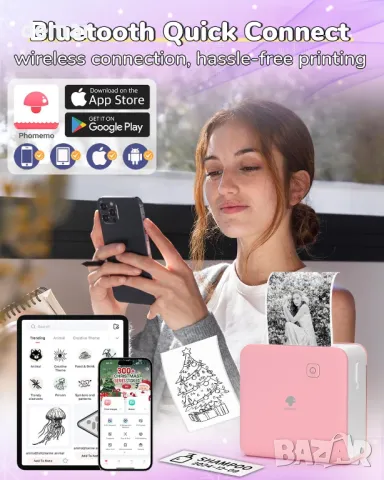 Принтер Phomemo P2S, мини термален принтер за смартфон, Bluetooth, 3 ролки хартия, снимка 5 - Принтери, копири, скенери - 48848805