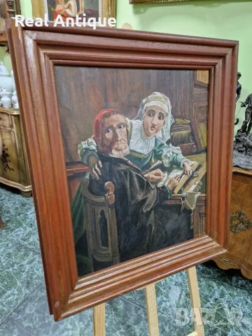 Прекрасна голяма антикварна авторска белгийска картина масло върху платно , снимка 4 - Картини - 48772614