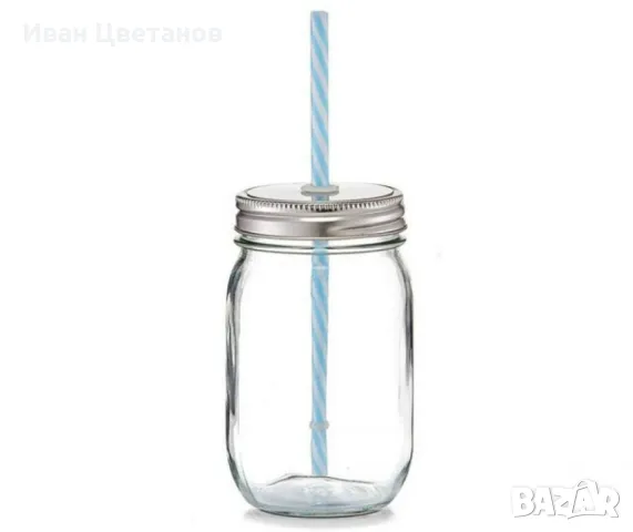 Прозрачна стъклена чаша с капак и сламка, 450мл
