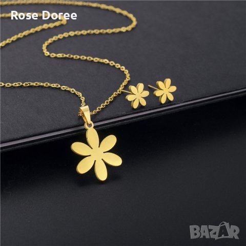 RD 318 Комплект Цветя бижута обеци и колие в златисто медицинска стомана безплатна доставка, снимка 1