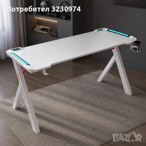 Ергономично геймърско бюро 140 см, бяло – С LED светлини, поставка за чаша и кука за слушалки, снимка 2 - Бюра - 56108219
