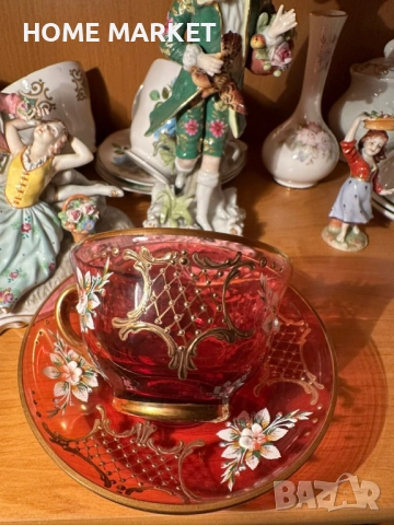EGERMANN BOHEMIAN RUBY RED CRYSTAL Cup and Saucer - невероятно красив и стилен двоен сет , снимка 13 - Антикварни и старинни предмети - 52638785