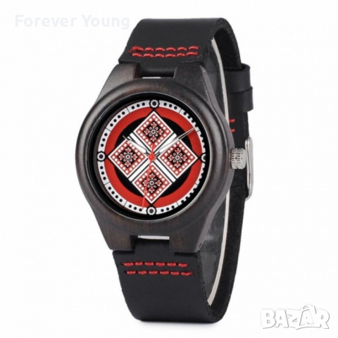 Дамски дървен часовник в бохо стил с циферблат в червено и черно, снимка 2 - Дамски - 36250737