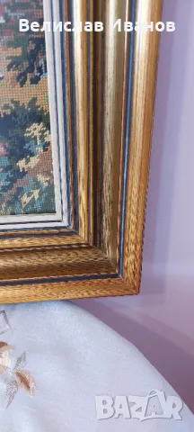 Гоблен планински пейзаж със стъкло и красива дървена рамка.Отлично състояние, снимка 6 - Гоблени - 50054177