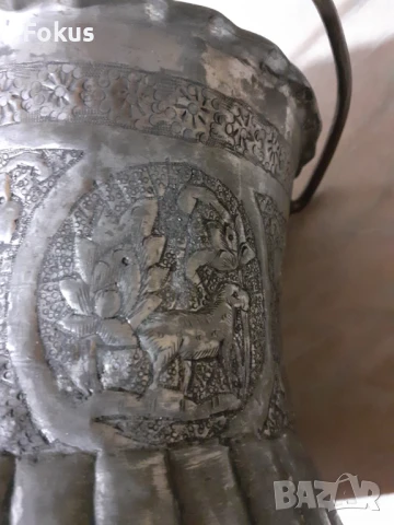 Стар османски меден съд бакър канче чеканено и гравирано, снимка 3 - Антикварни и старинни предмети - 51074698