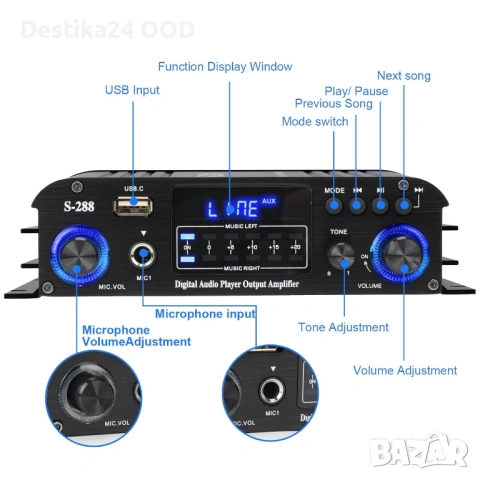 Домашен аудио усилвател 4 канала Bluetooth USB SD FM 1200W, снимка 2 - Ресийвъри, усилватели, смесителни пултове - 53809046