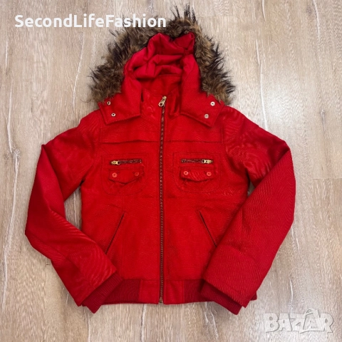 Дамско винтидж яке Miss Sixty Red Bomber, размер M, с качулка от кожа