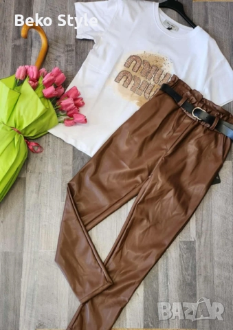 Кожен панталон в зелено кафяво и черно