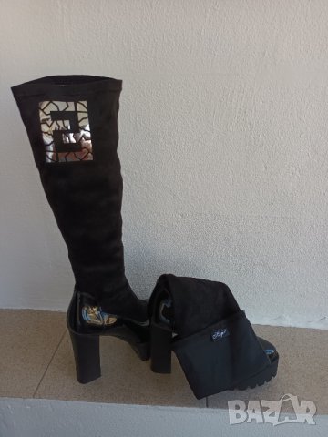 Дамски черни дълги ластични ботуши с висок ток и дебела подметка и лачена основа, снимка 7 - Дамски ботуши - 41845335