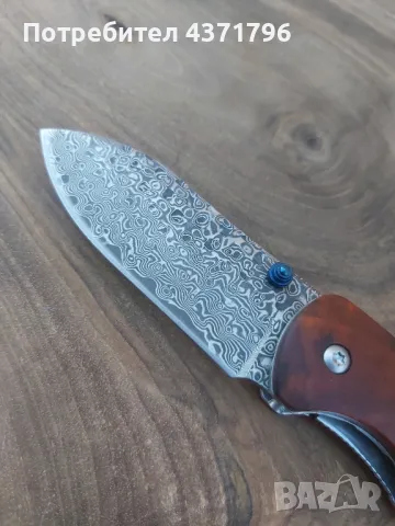 Японски сгъваем ловен нож DAMASKUS X10 с калъф от телешки бланк, снимка 4 - Ножове - 49188088