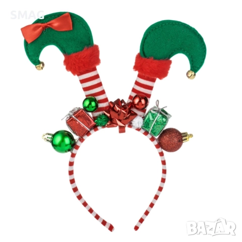 Коледна диадема с рога и крачета на елф, червено-бяла и зелена_1242798