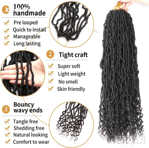 Екстеншъни за коса Faux Locs, сплетени, 60 см (пакет от 8), #1B, снимка 3 - Аксесоари за коса - 49905030