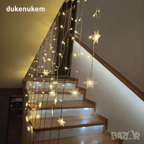 LED светлинна завеса със снежинки – 2 х 1 м, 104 лампички, 8 режима, USB, IP44, снимка 11 - Лед осветление - 51919248