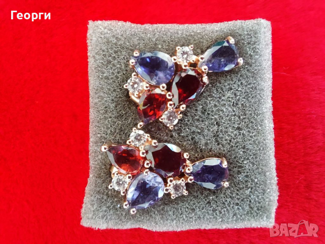 Изящни дамски сребърни обеци с пурпурен Иолит,червен Гранат,бял Топаз, снимка 5 - Обеци - 36482284